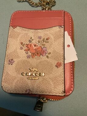 New Coach Zip Card Case Wallet beige with Flower Print New